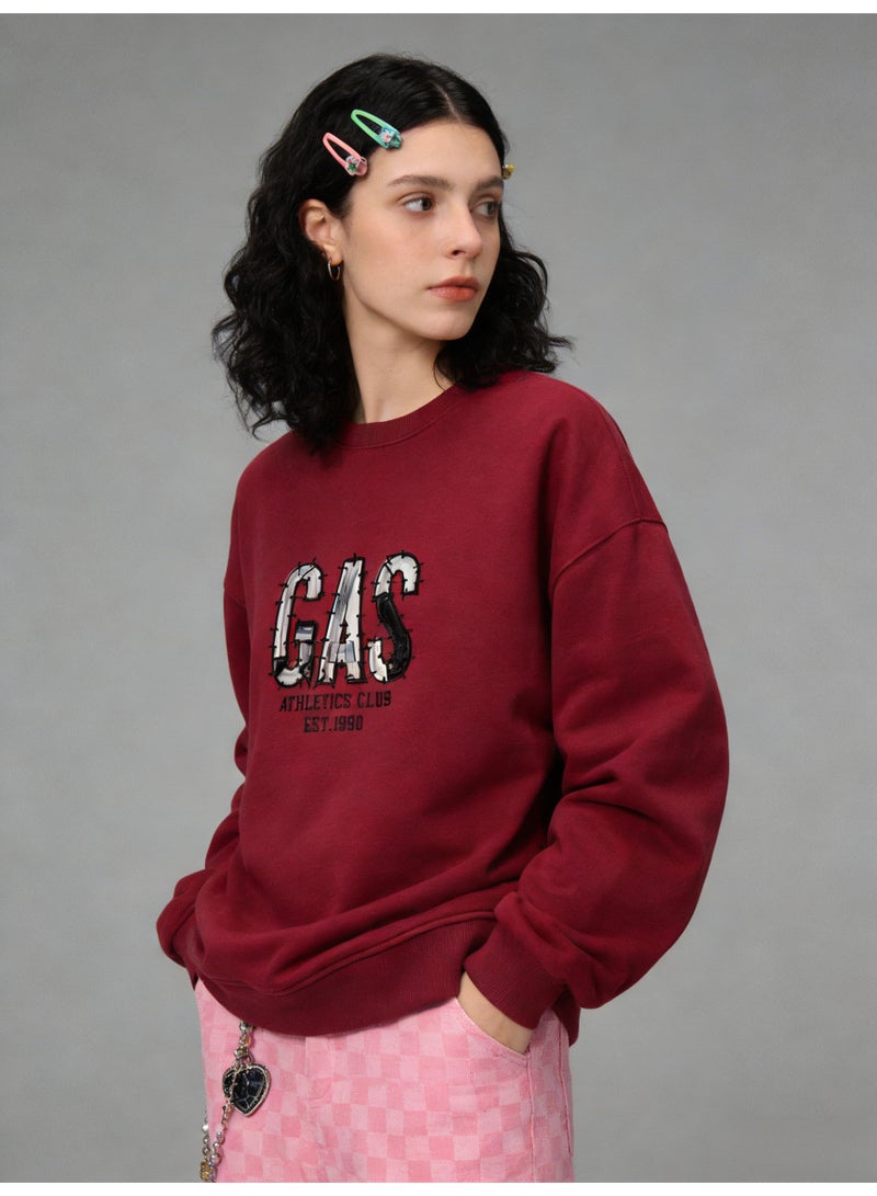 غاز GAS Burgundy "GAS ATHLETICS CLUB" Distressed Letter Oversized Crew Neck Sweatshirt | Unisex Pullover With "EST.1990" Print - Image 5
